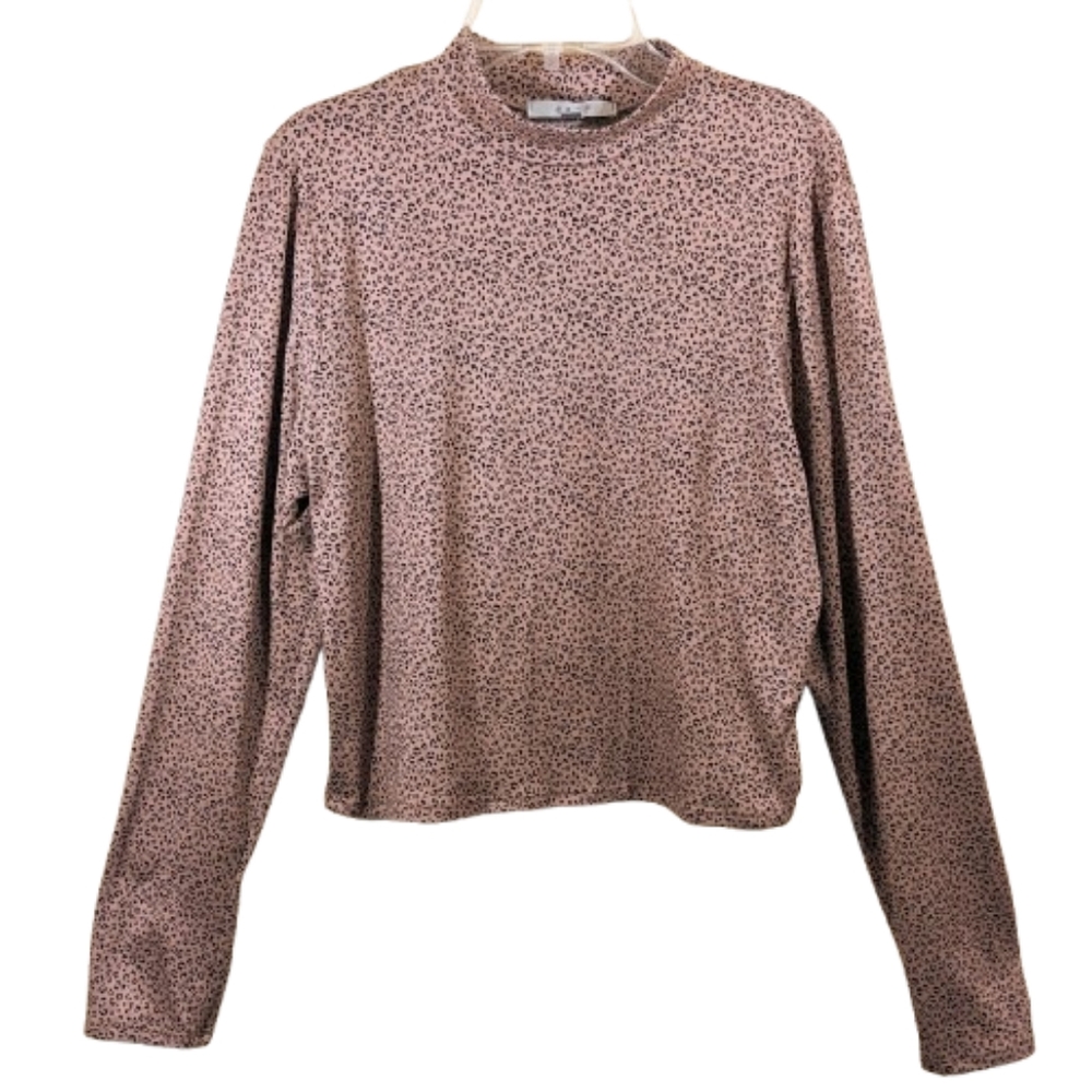 Gaze Top Tan Black Cheetah Print Mock Neck Long Sleeves Animal Print